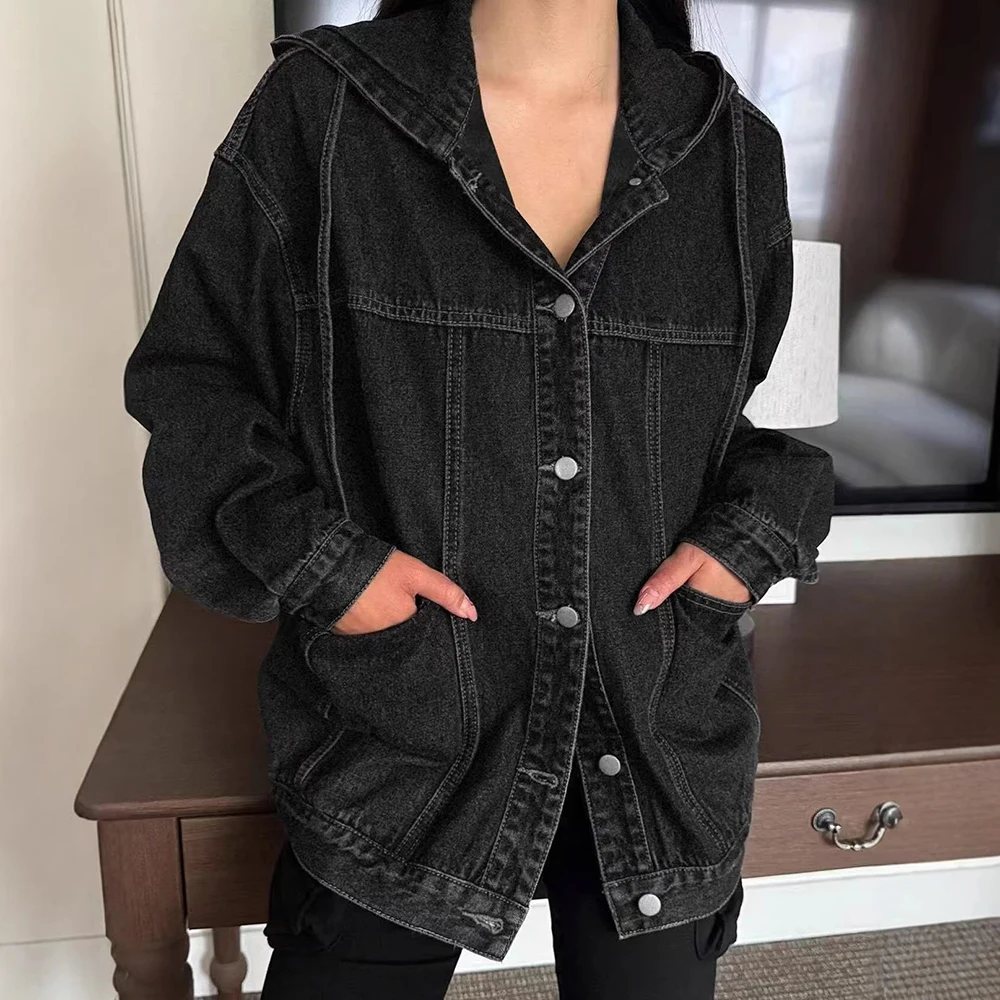 

Модная черная джинсовая куртка с капюшоном для женщин, винтажная повседневная однобортная верхняя одежда с длинными рукавами, новая универсальная свободная куртка на весну