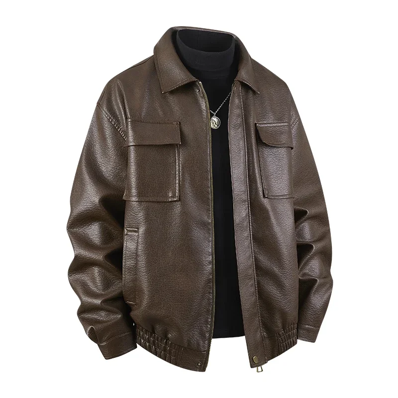

New Men's Spring Autumn Zipper Lapel PU Leather Jackets Men Solid Casual Jackets Male Fashion Loose Motorcycle Windproof Jackets