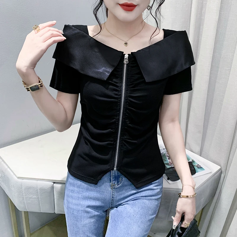 Black Summer Korean Style Cotton High Quality T-Shirt Chic Sexy Off Shoulder Zipper Draped Women Tops Short Sleeve Tees New 4444