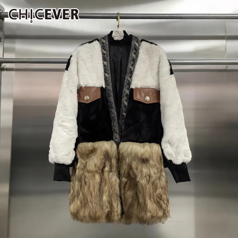 

CHICEVER Hit Color Spliced Fur Chic Jacket Female V Neck Long Sleeve Loose Vintage Streetwear Women's Jackets Autumn Fashion New