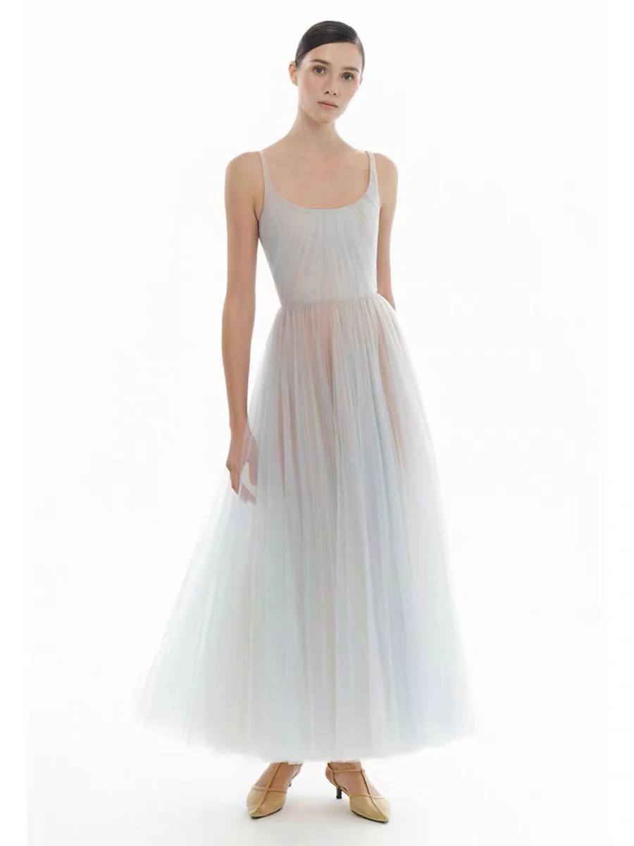 VGH Elegant Fresh Gradient Slimming Dresses For Women Square Collar Sleeveless High Waist Sweet Long Dress Female Fashion New