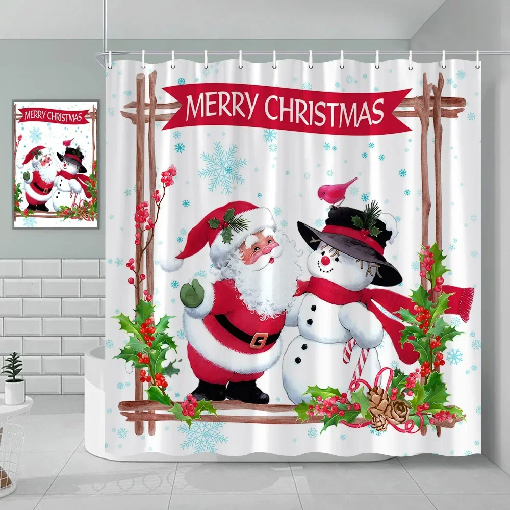 Christmas Shower Curtain, Santa Claus Snowman Winter Farm Animals Christmas Tree Merry Christmas Holiday, Bathroom Decor