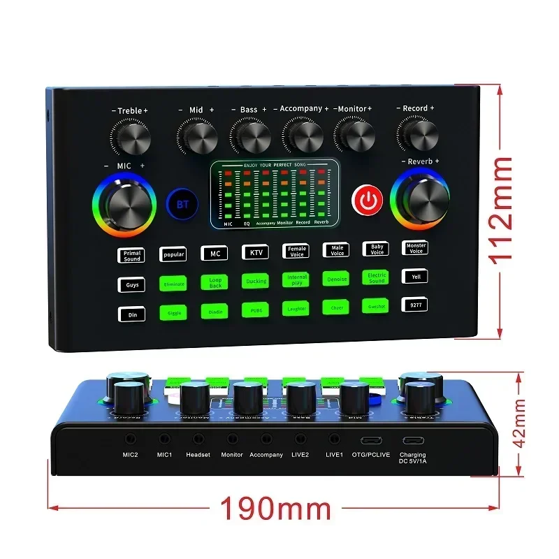 F009 Audio Mixer Live-Soundkarte und Audio-Interface mit DJ Mixer-Effekten und Voice Changer Podcast Production Studio Equipment