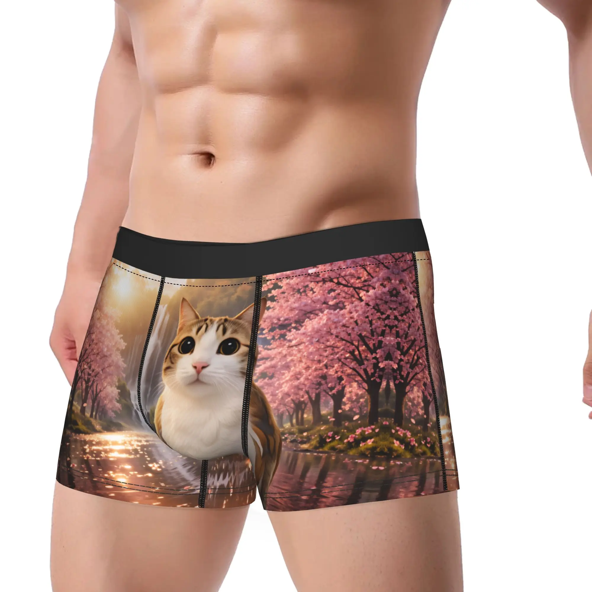Funny Cherry Blossom Meowl Cat Boxer Brief  Underwear High Quality Man Soft Trend Boxershorts Customs Plus Size Underpants