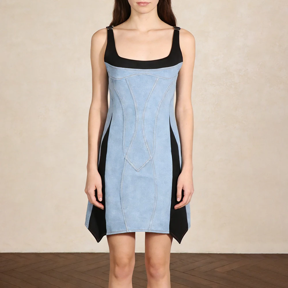 TWOTWINSTYLE Blue Spliced Folds Dress Female Square Collar Sleeveless Loose Streetwear Korean Women's Dresses Summer Fashion New