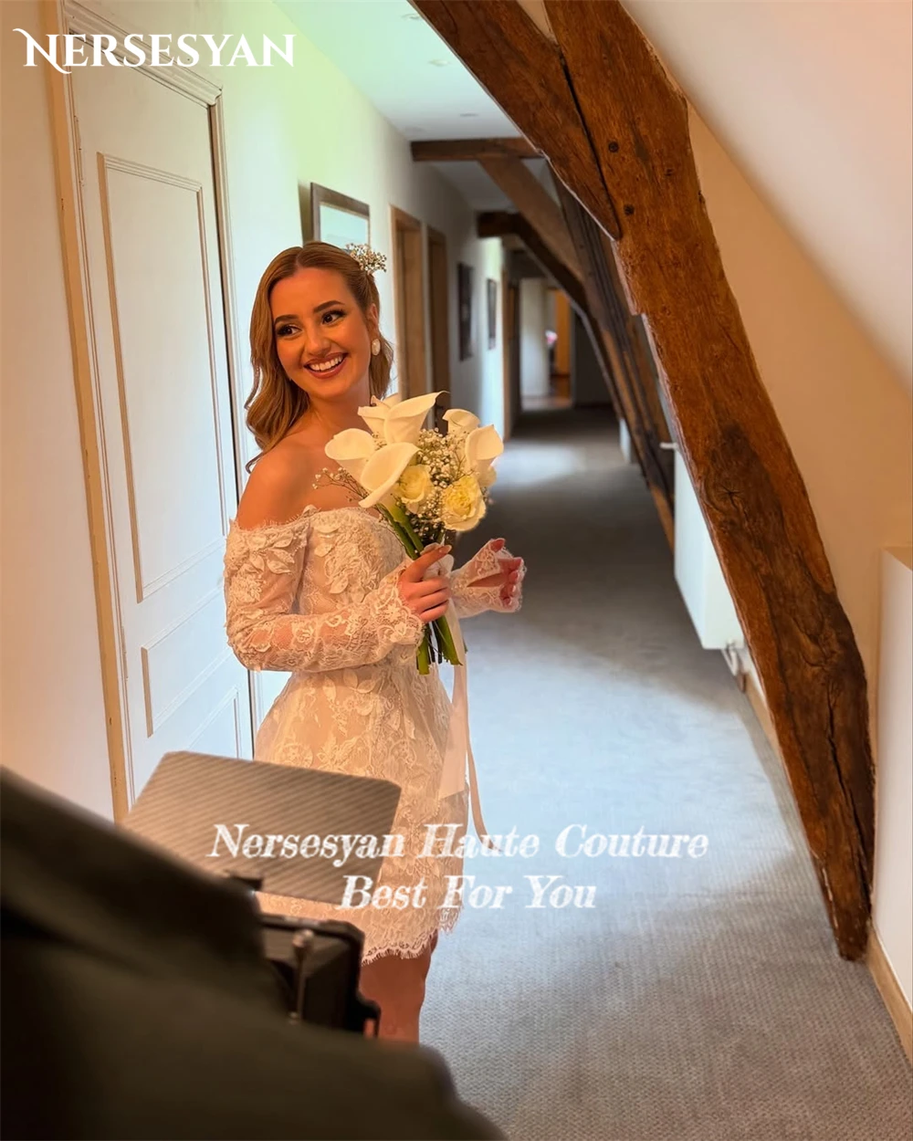 Nersesyan Boho 레이스 미니 웨딩 드레스 오프 숄더 Applqiues 긴 소매 신부 드레스 신부 게스트 파티 가운 맞춤형