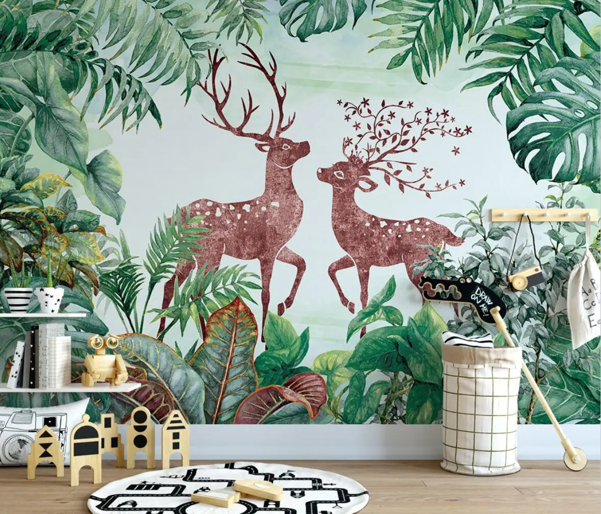 Custom wallpaper mural Nordic green plants couple fire elk children children's room bedroom background wall papel de parede