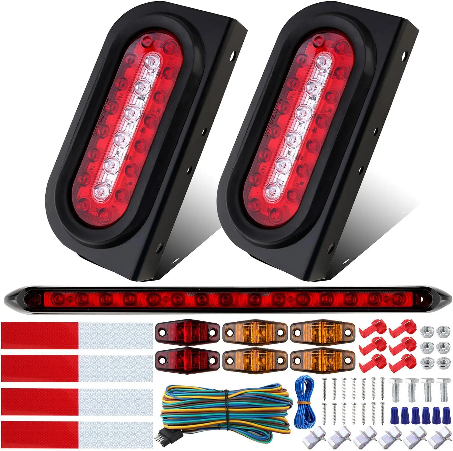 

6' Oval LED Trailer Tail Lights Kit w/Brackets, 4Amber 2Red Mini Marker, 13.8' Red LED 3rd Brake Light Bar