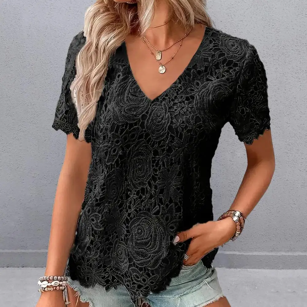 Women Lace Top Summer V-neck Short Sleeve Casual T-shirt Solid Color Hollow Embroidery Pullover Tops Women's Clothing Streetwear