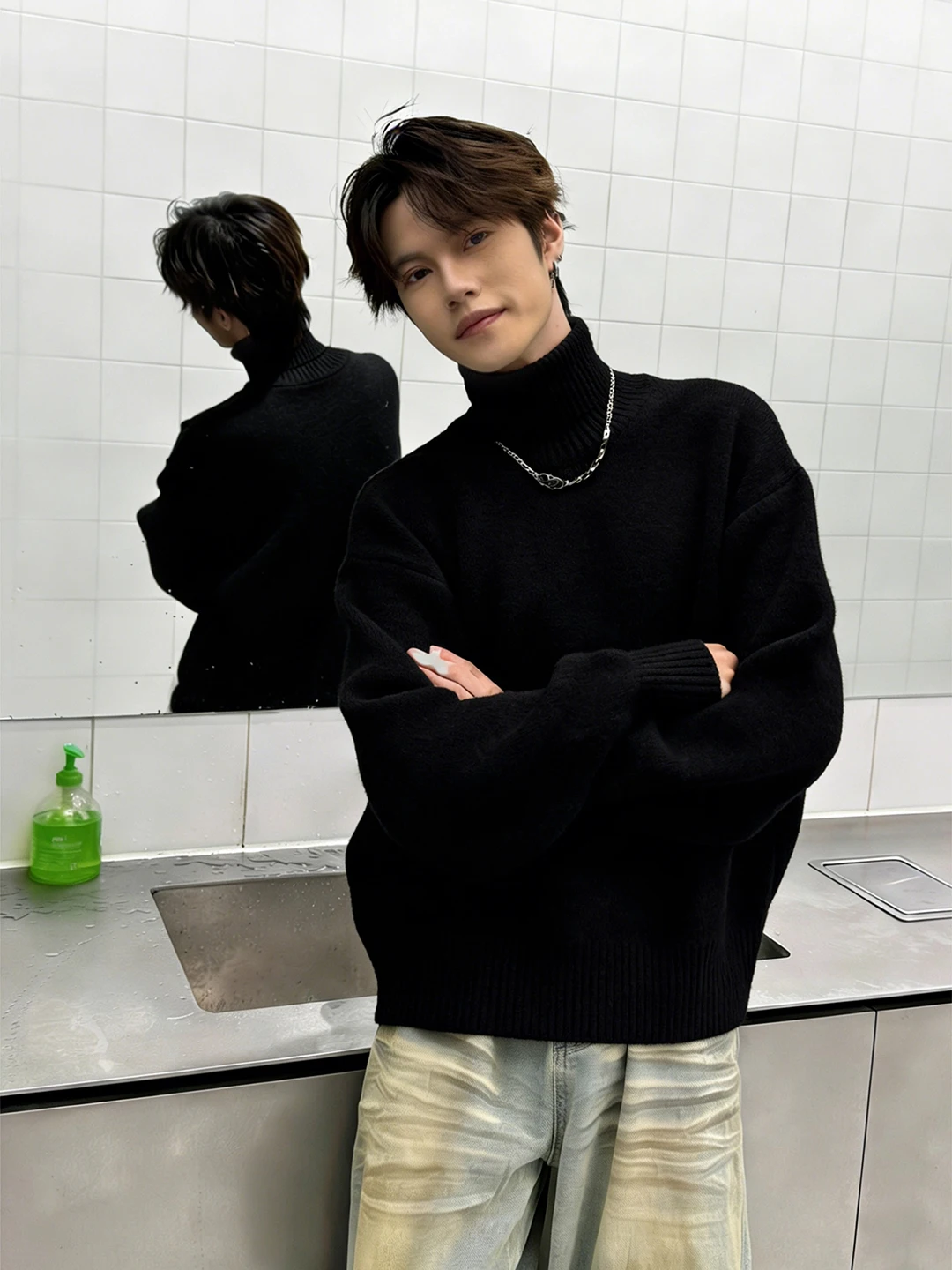 

Cleanfit Men's High Ne Fce Lined Base Layer irt Bla Comfortable Knitted Sweater Casual Inner Wear Winter Warm Top