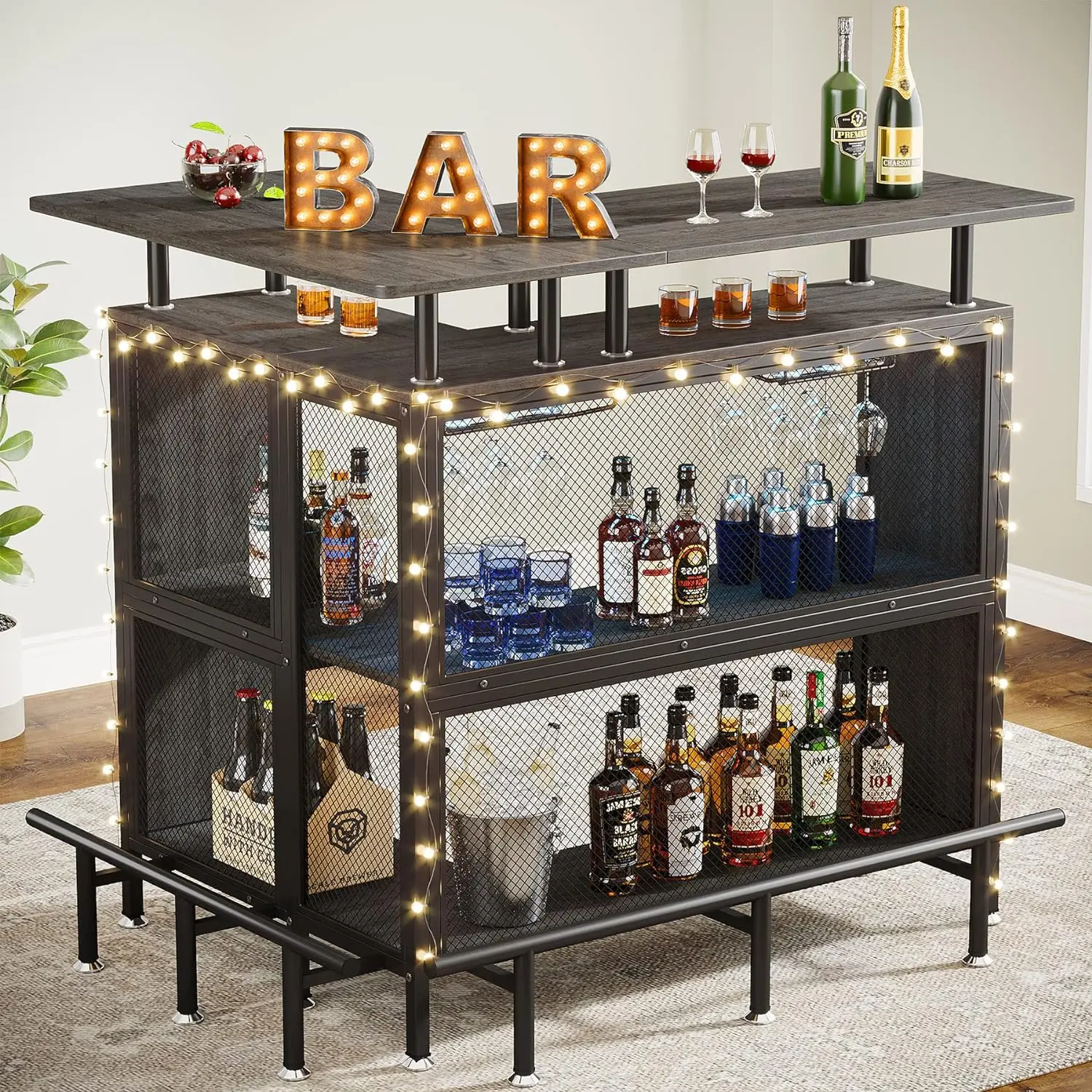 

Home Bar Unit, L-Shaped Bar Table with Stemware Racks and 2-Tier Shelves, Corner Mini Coffee Liquor Cabinet with Footrest