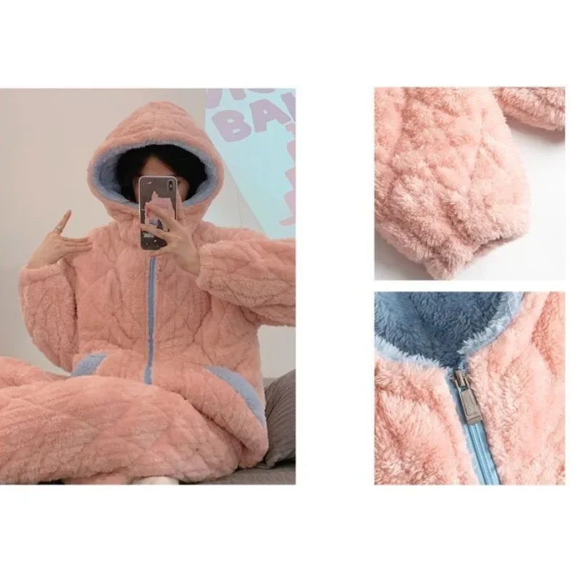 Winter Frauen drei schicht ige geste ppte Thermo-Pyjamas weiblich verdicken Fleece gefüttert Homewear verdicken Korallen samt Nachtwäsche Anzug