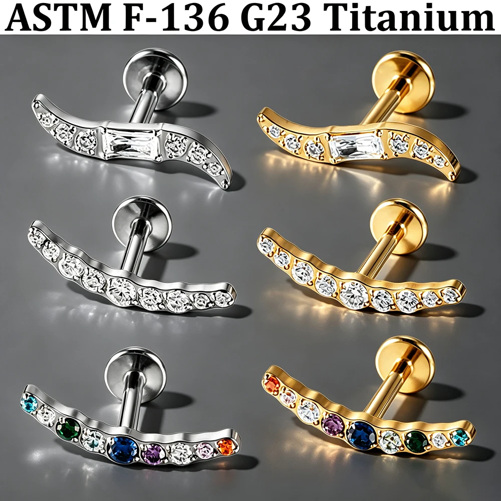 1 Stück G23 Implantat Titan Langer Halbmond Bunter CZ-Besetzter Lippen-Labret 16g Glänzender Zirkonia Ohrknorpel Tragus Helix Ohrring
