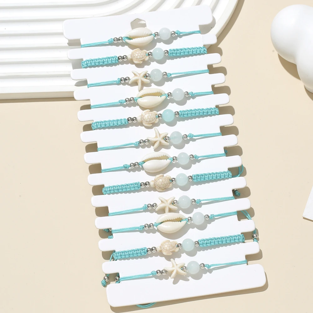 12 Uds. Conjunto de pulsera con dijes de tortuga y estrella de mar de concha, conjunto de pulsera de cuerda trenzada, pulseras ajustables hechas a mano para mujer, regalos de joyería