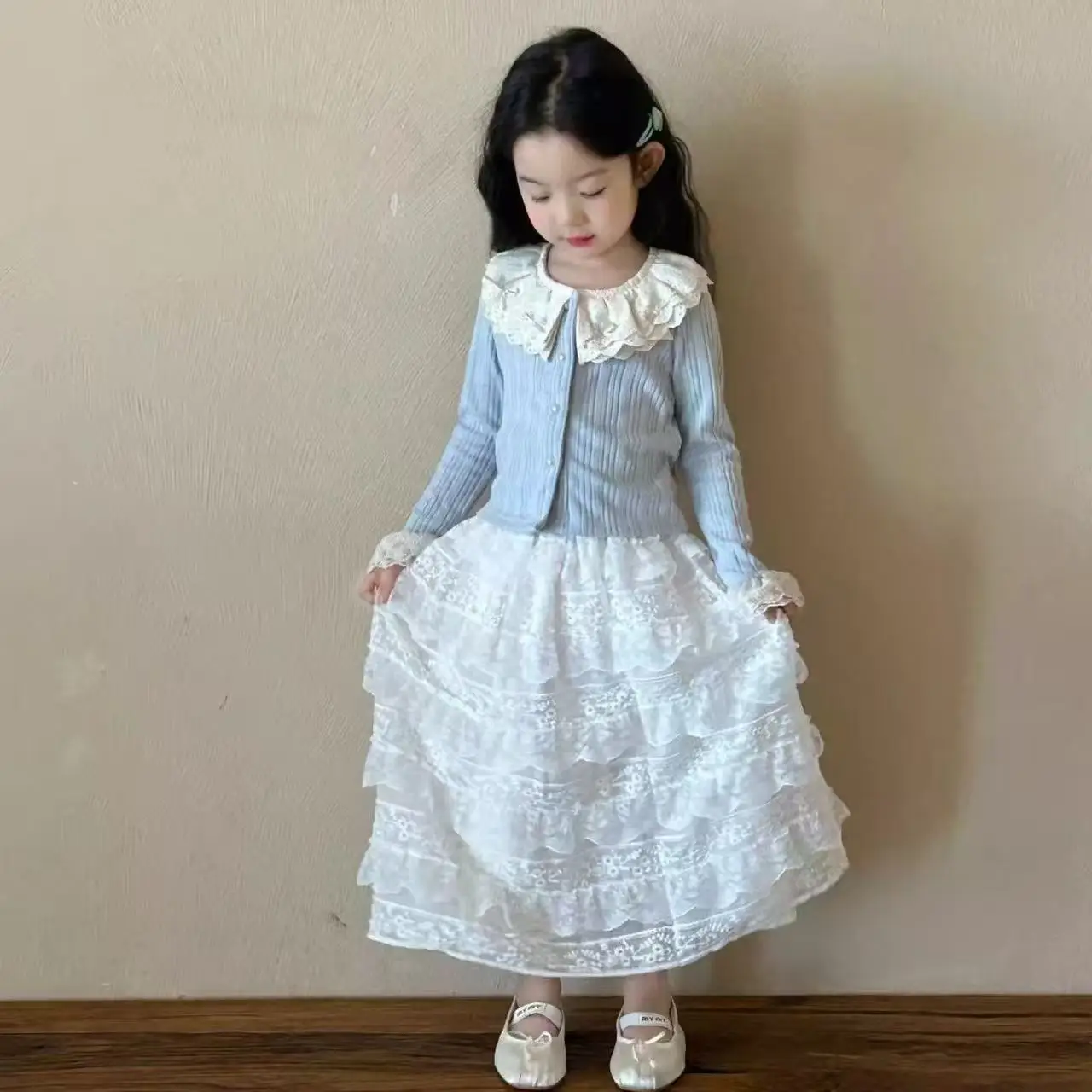 

Spring Girls Two Piece Set Blue Lace Ruffle Knit Cardigan & White Long Maxi Skirt Outfit for 100-150cm