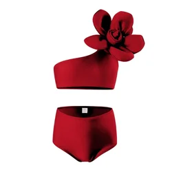 Kinder Meisjes 3d Bloem Bikini Twee Stukken Badpak Kids Hoge Taille Een Schouder Kinderen Badmode Tiener Badkleding Strandkleding