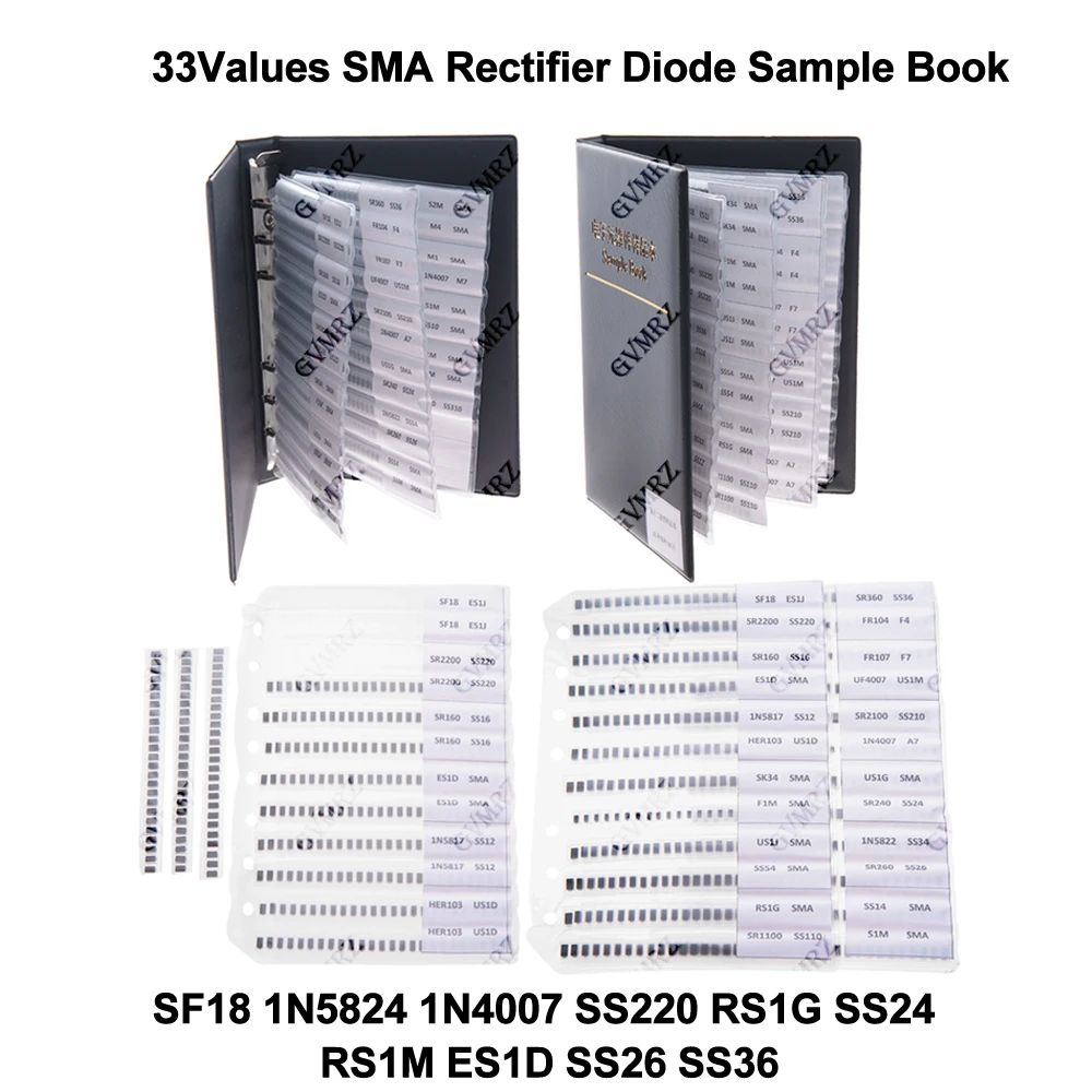 

33Values ES1D SS26 SS36 SMA Rectifier Diode Sample Book Assortment Kit SF18 1N5824 1N4007 SS220 RS1G SS24 RS1M