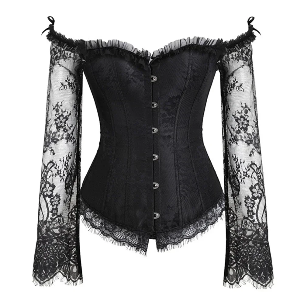 

Lace Long Sleeves Waist Bustier Top Gothic Victorian Overbust Corset Vintage Basques Off Shoulder Corselet