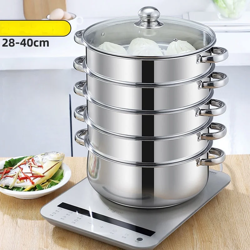 28-40cm Stainless Steel Steamer Household Large Steamer Commercial Steamed Buns 5-Layer 4-Layer Three-Layer Multi-Layer Large...