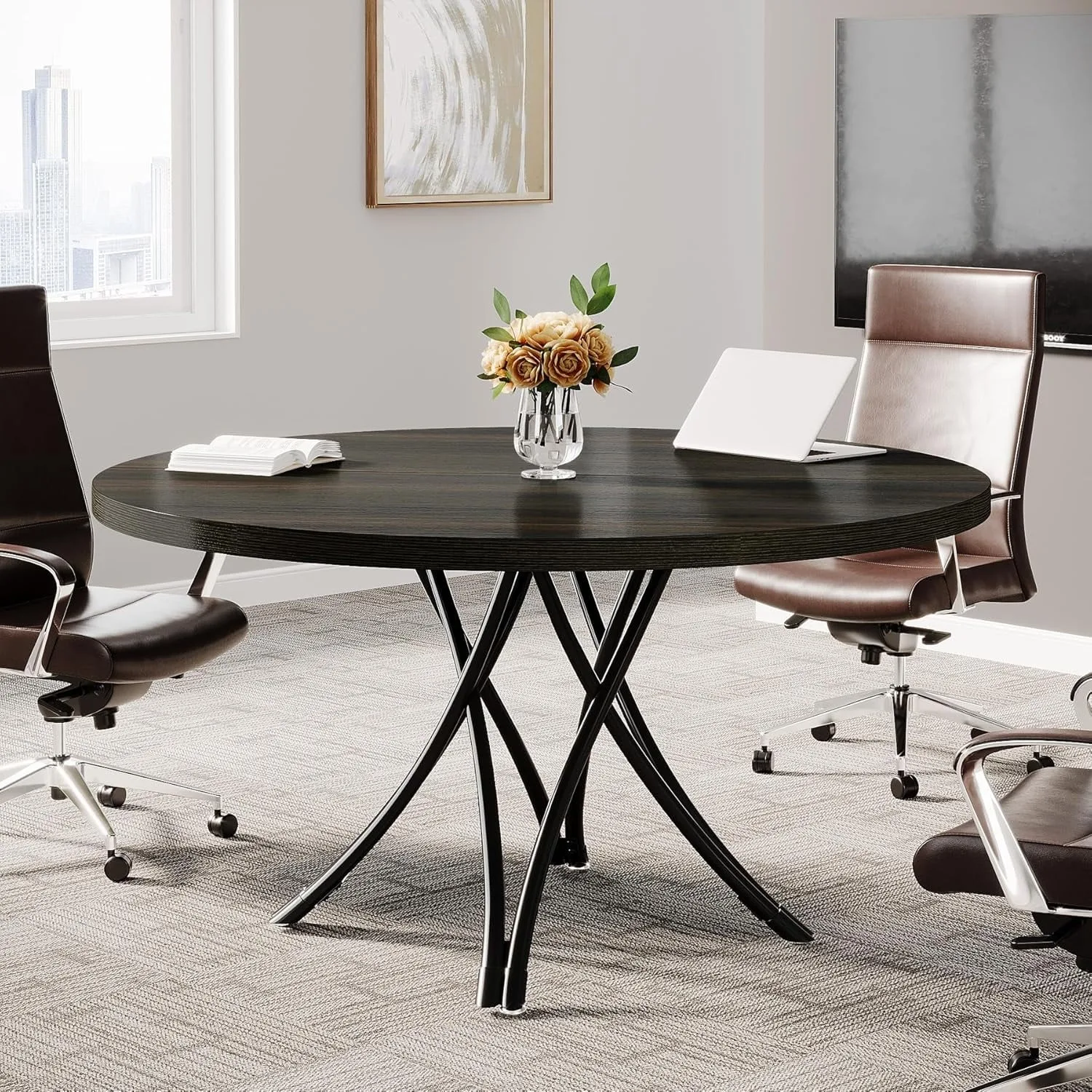 

47" Round Conference Table, Modern Business Meeting Table for Office Conference Room (Black)