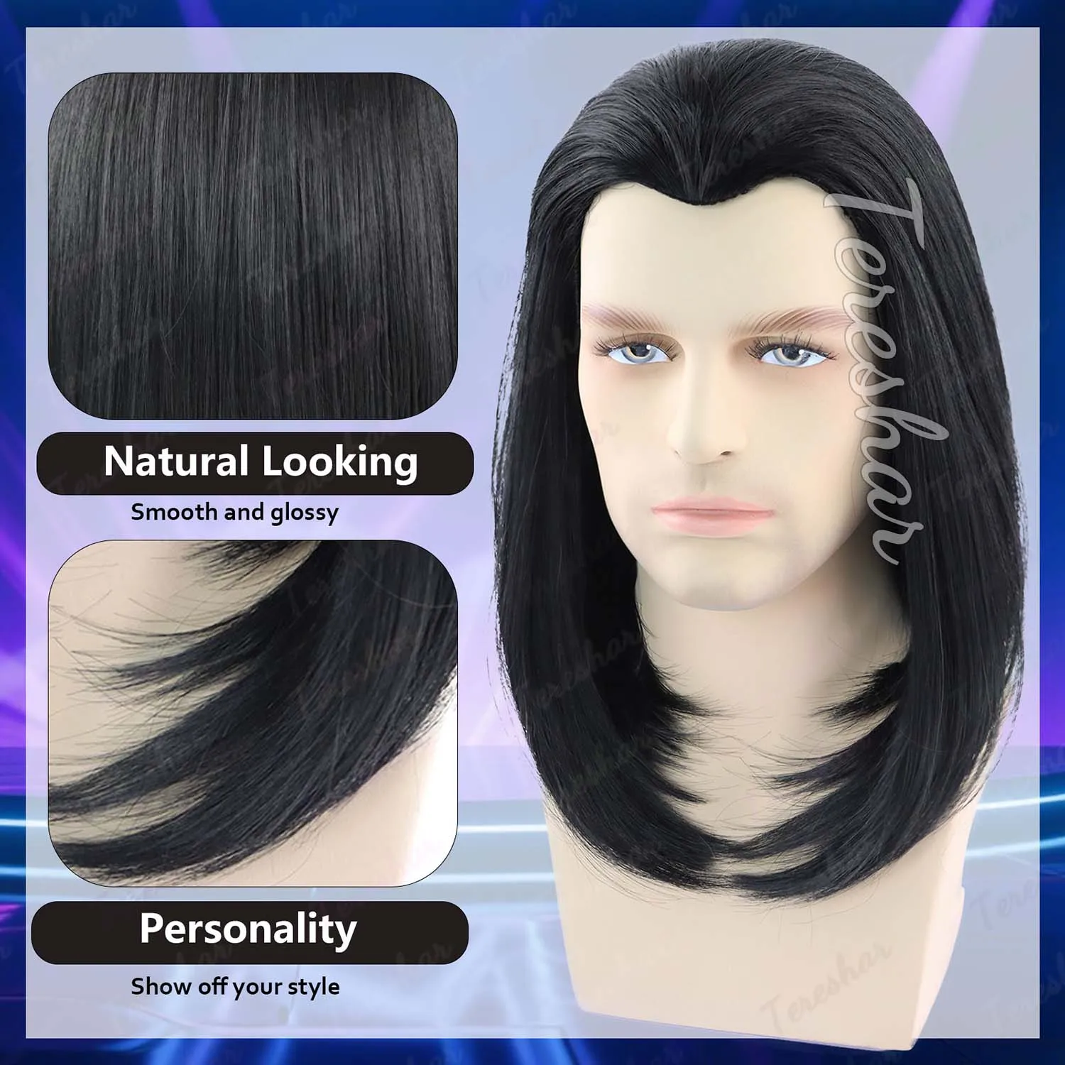 الاصطناعية رجل شعر مستعار قصير مستقيم شعر مستعار أسود 70s خمر فنسنت فيغا شعر مستعار تأثيري 80s هالوين زي تأثيري شعر مستعار متعة للحفلات