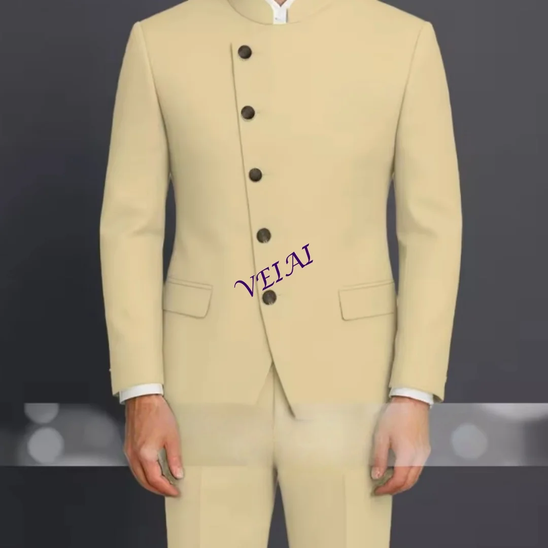 Gothic Lake Blue 2-Piece Men's Suit Set with Placket Jacket And Slight Stretch Pants for Wedding Cocktail Formal Events Customiz