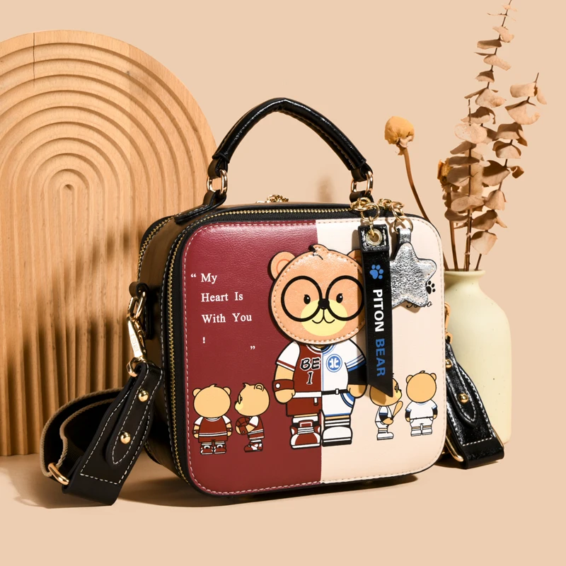 Crossbody Bags For Women 2023 Square Handbag For Girl Original HI-Q Cute Bear PU Leather Shoulder Bag Female Messenger Bag Purse