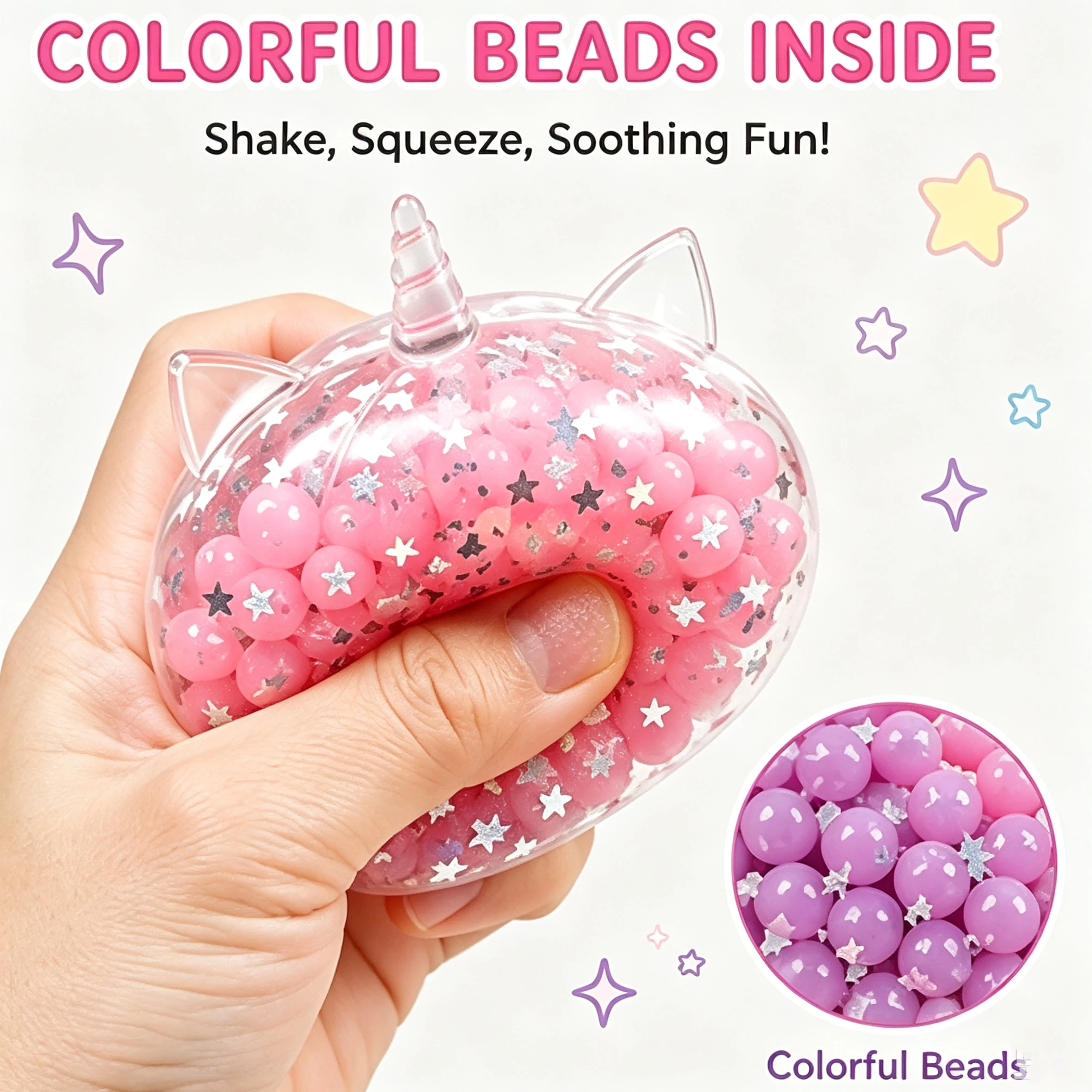 Fast Rebound Unicorn Bao Squishy Toy, Bead‑Filled Glitter Squeeze Stress Relief Ball, Portable Sensory Fidget Toy for Desk Decor