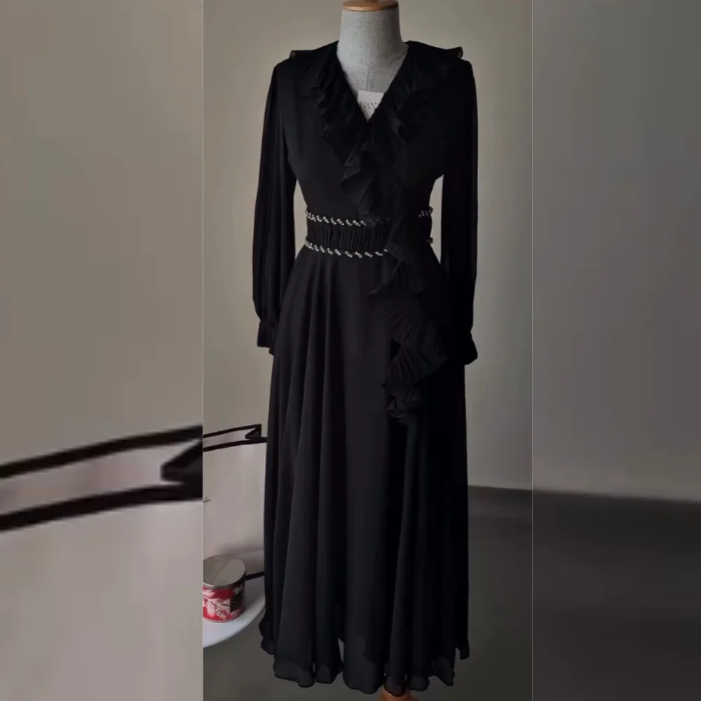 

Customized Formal Simple Chiffon Sequined Pleat A-line V-neck Long Dresses Bespoke Occasion Sizes Available