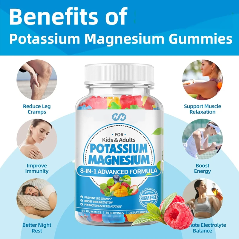 Adult Potassium Magnesium 60 Gummies, Vitamin B6 Coenzyme Q10 Leg Spasms and Muscle Health Mixed with Fruit Flavor