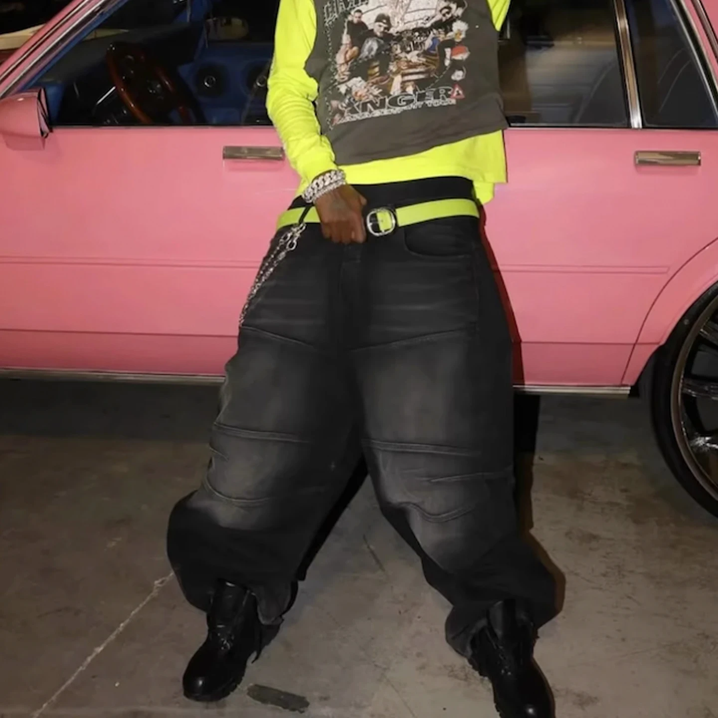 

Bla American Sle George Color Blo Dstring Knee Baggy Jeans Men Trendy Carti Wide Leg Pants Youth ular Loose Fit