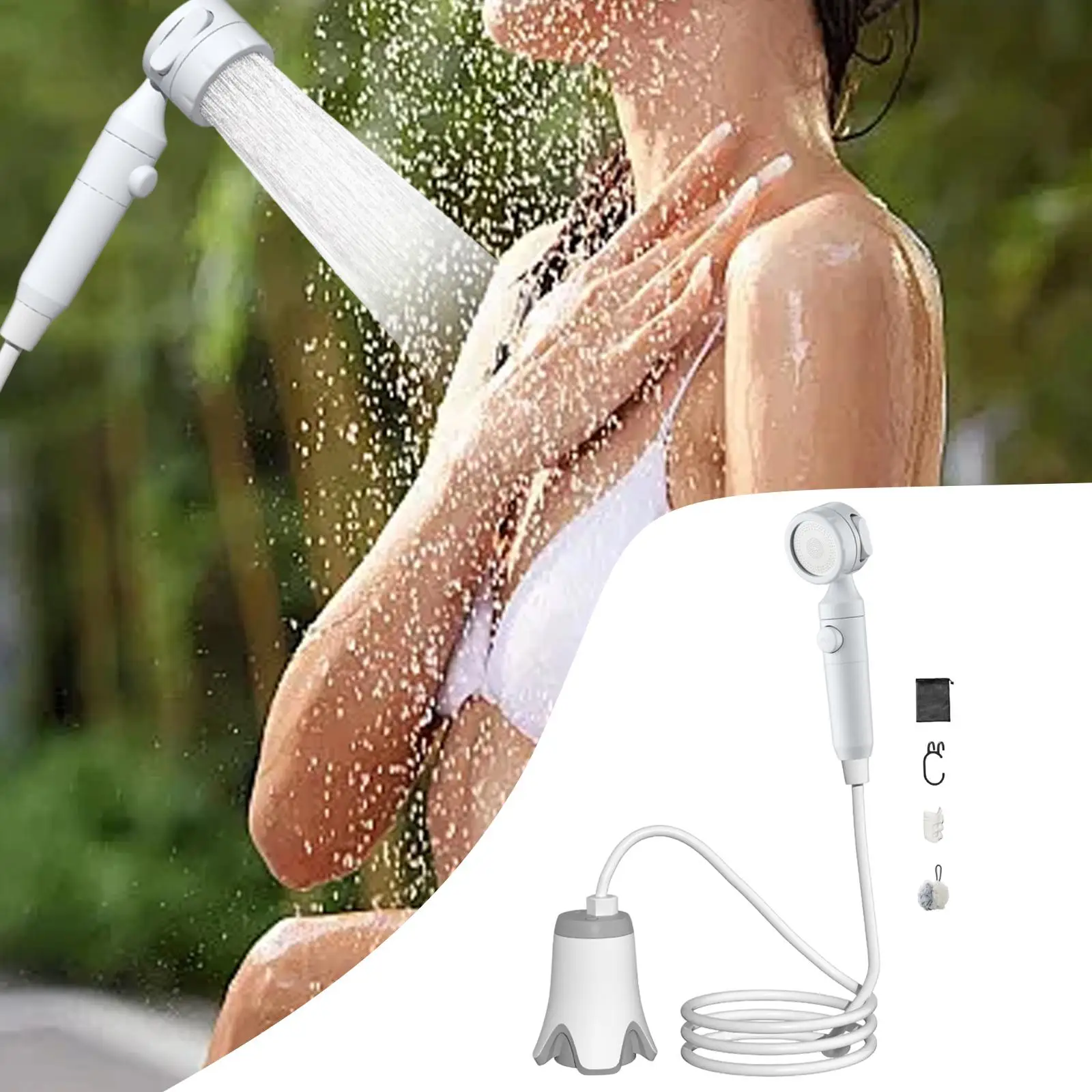 دش محمول للتخييم خفيف الوزن وقابل لإعادة الشحن مع خطاف وكوب شفط