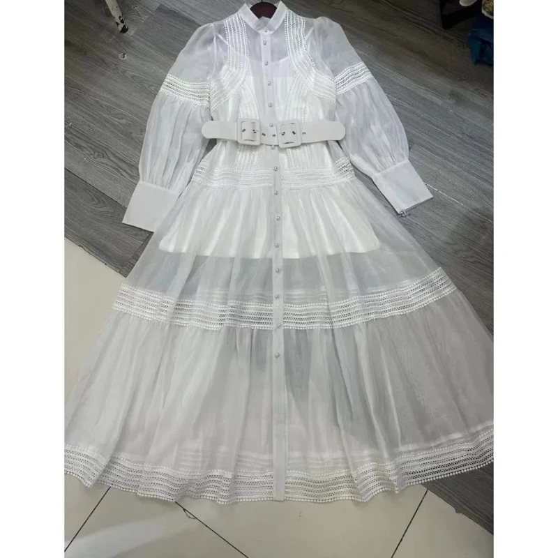 

High Quality Elegant Fashionable Long Sleeve Bubble Sleeve Maxi Dress With Lace New Holiday Style Women's Dress