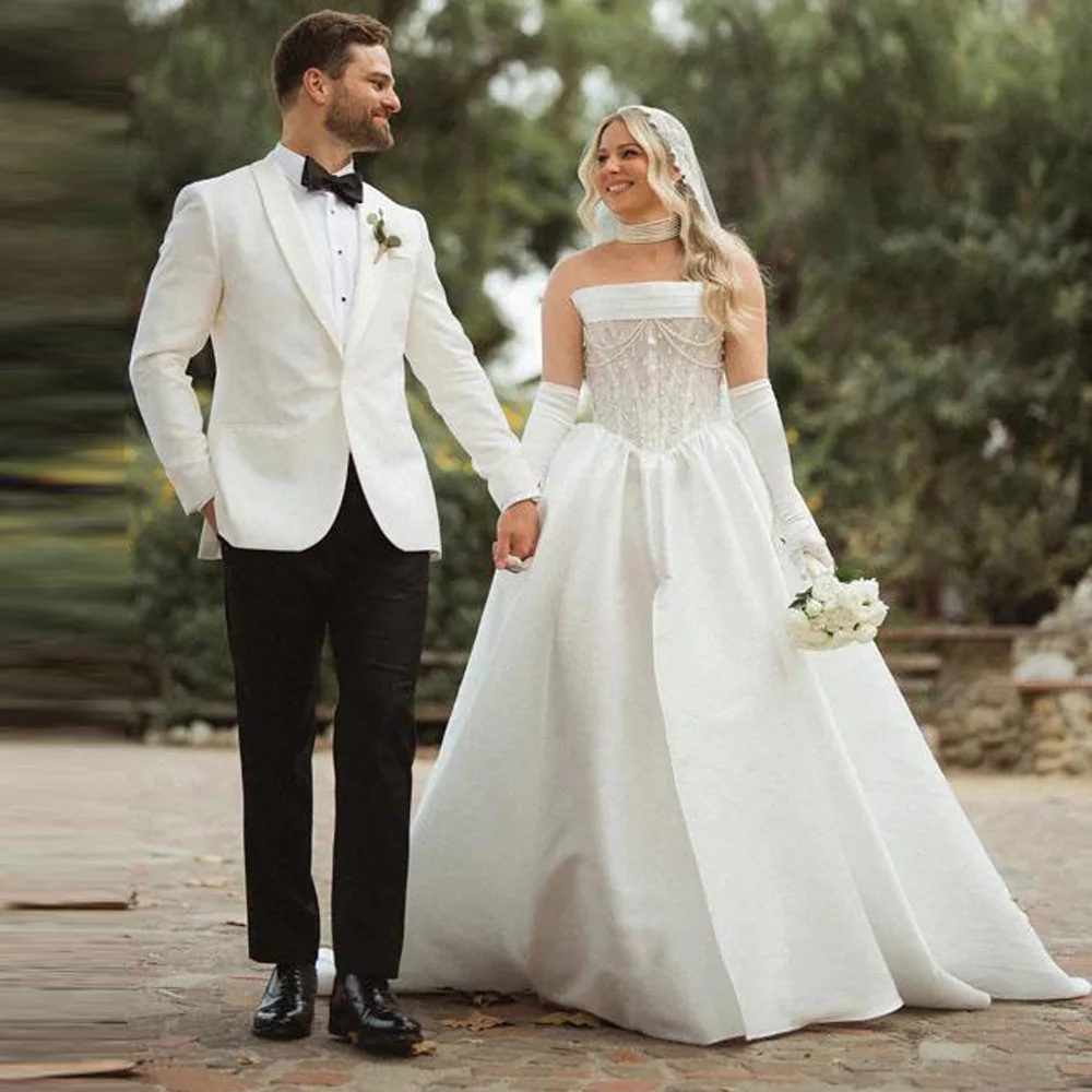 

Customized Civil Beads Wedding Dress Pearls Embellished Satin Strapless Bridal Gown A Line Ruched Wedding Dresses