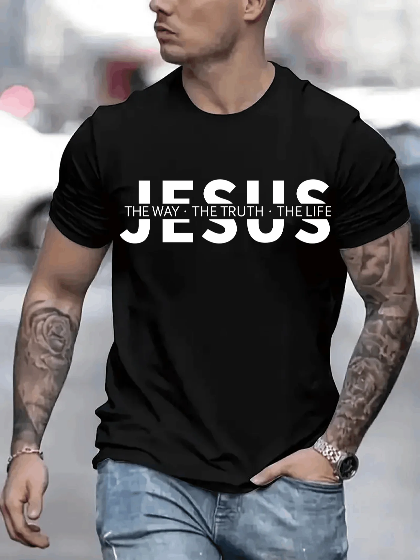 T-shirt imprimé graphique Jésus, la voie, la vérité, la vie pour homme, décontracté, manches courtes, 1 pièce, 100% coton lourd - Confortable