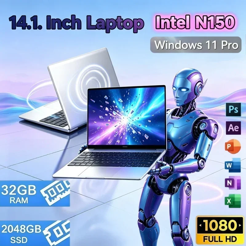 14.1 Inch Office Gaming Combo Notebook Intel N150 32GB RAM 2TB SSD Win11 Office Thin Portable Laptop For Home Business Study