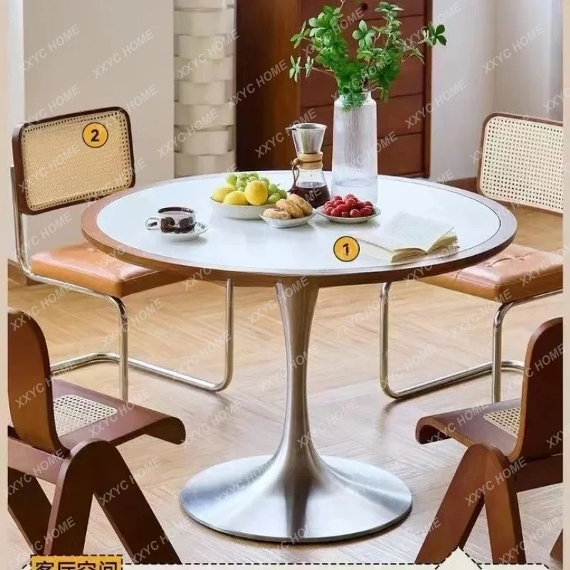 

Средневековый ретро небольшой круглый стол из массива дерева, нержавеющей стали, обеденный стол из каменной плиты