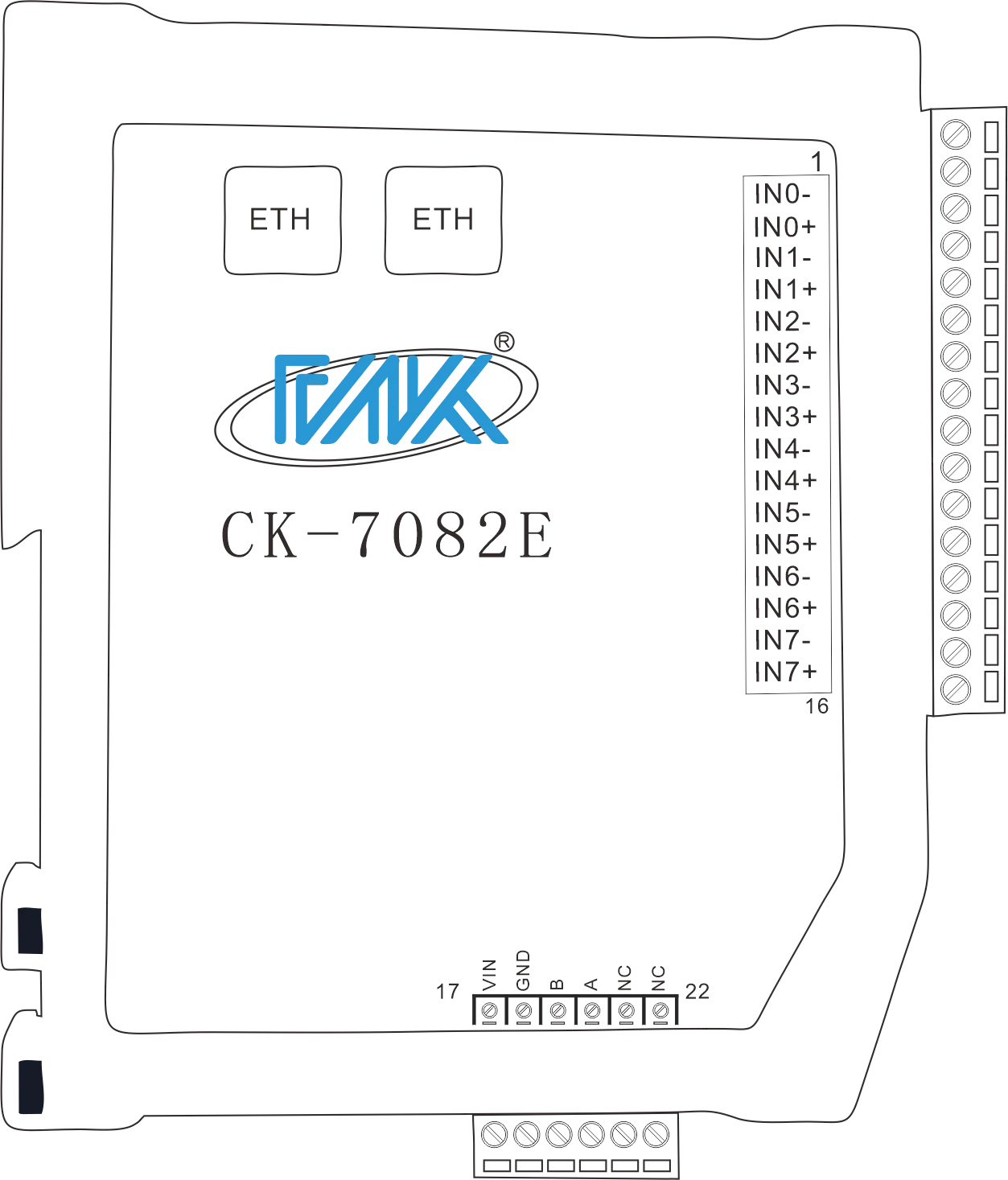 Module d'extension PLC Ethernet 0-20ma, entrée analogique 16 bits, Modbus TCP vers RS485, IO à distance, Cascade Ethernet vers PLC, CK-7082E