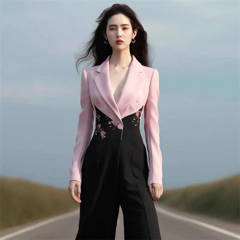 2025 Spring and Autumn New Exquisite Temperament Goddess Fan Advanced Sense Fragrance Formal Occasions Contrast Color Jumpsuit