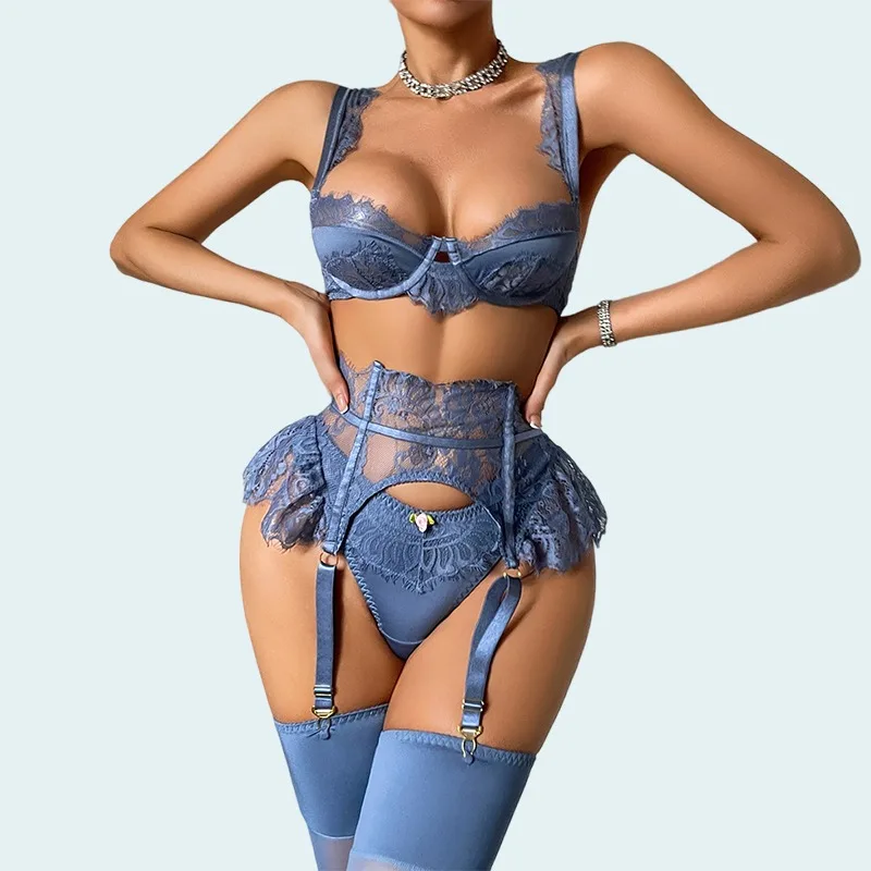Toucheart Erotic Lingerie French Elegant Blue High-end Lace Hollow See-through Sexy Body-shaping Women Hot Underwear Split Set