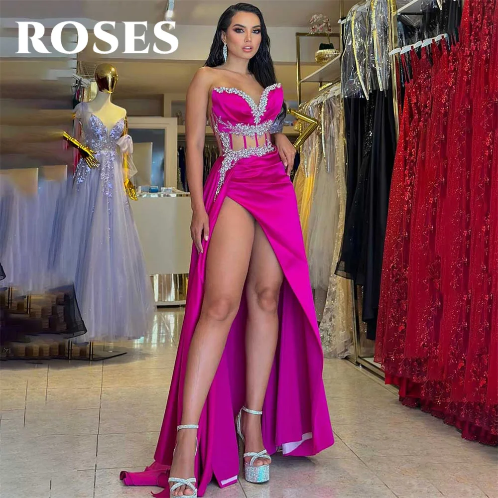 

ROSES Fuchsia Evening Dress A-Line Sweetheart Party Dress with Split Vestido De Novia Sexy Pleats Satin Sleeveless Prom Dress