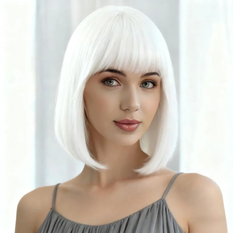 

New women's with air bangs, bobo cut, short straight hair, face-slimming, realistic synthetic fiber wig