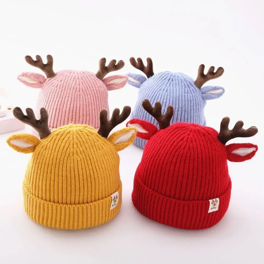 

Cute Elk Antlers Baby Wool Hat Thickened Cold Proof Ear Protection Hats Windproof Warm Knitted Hats Autumn Winter