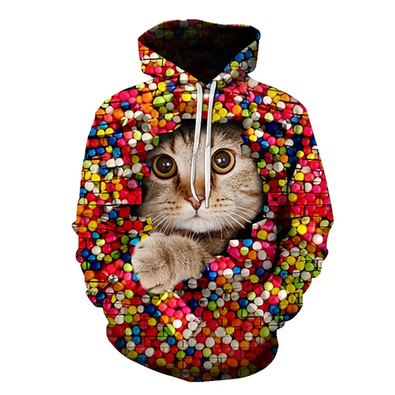 Sudaderas con capucha con patrón de gato para hombres y mujeres, sudadera con estampado 3D de animales divertidos, jerséis casuales con capucha, Tops de manga larga, ladrillo de pared