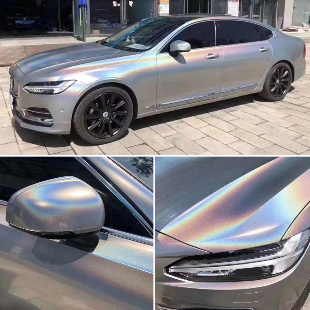 18m x 1.52m Holographic Rainbow Laser Silver Vinyl Wrap Roll Decals for Car Whole Body Wrapping, Car Styling Sticker Glossy Film