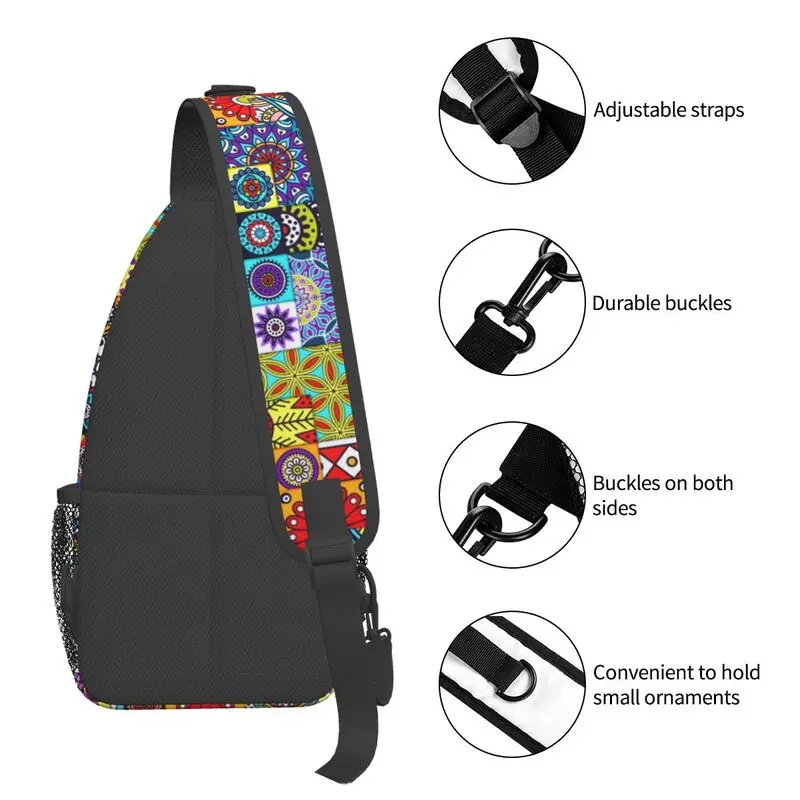 Saco de peito de estilinete floral geométrico, estilinete étnico africano, padrões de Ancara, mochila de ombro crossbody para homens, mochila itinerante