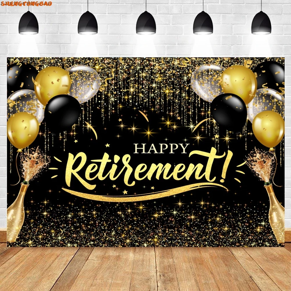 Happy Retirement Party Decoration Backdrop Gold Glitter Balloon Cheers Family Congratulation Photography Background Photo Studio