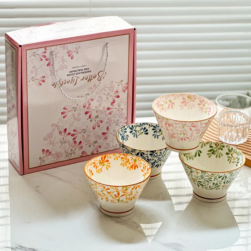 Juego de 4 cuencos de cerámica con forma de sombrero, floral para las cuatro estaciones, multiusos para arroz/fideos/sopa/salada/fruta, apto para microondas y lavavajillas