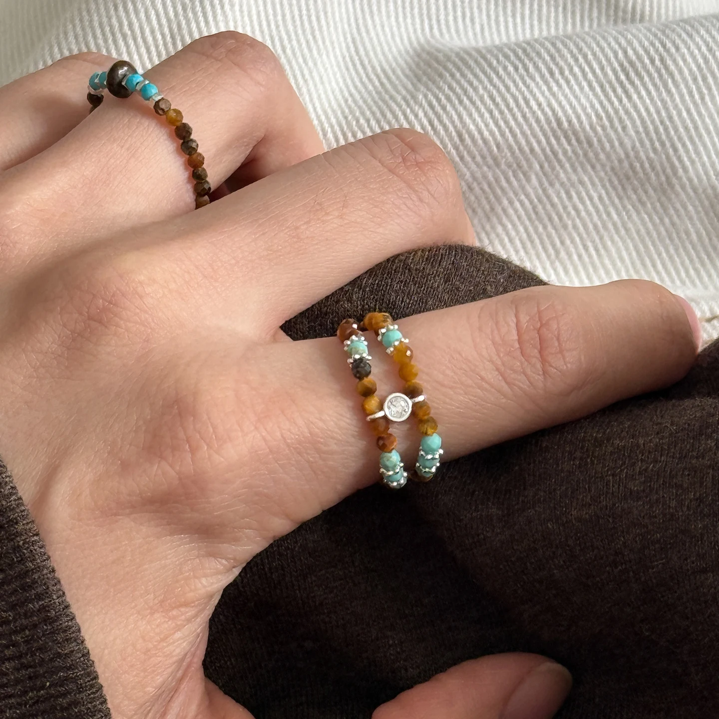 

Зимнее литературное новое кольцо в китайском стиле с двойным кругом, тигровым глазом и бирюзовым цирконом, женский модный аксессуар на палец