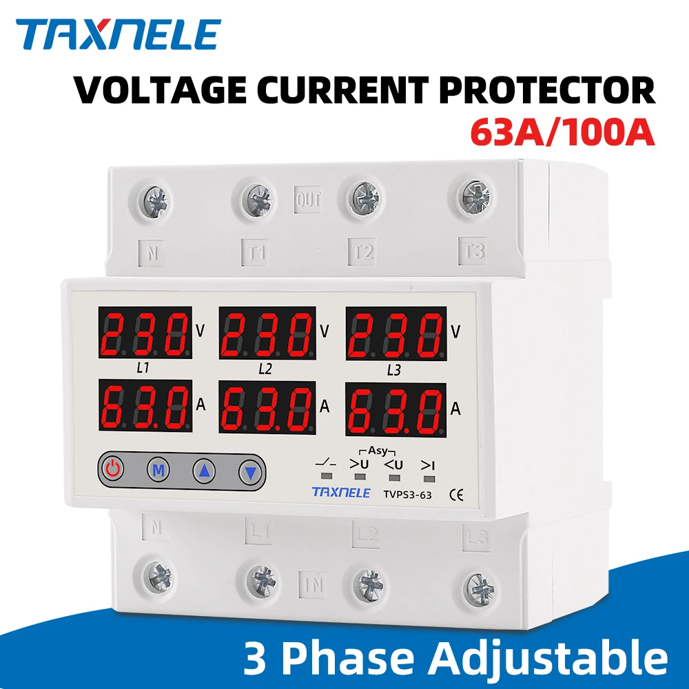 3 Phase Din rail Voltmeter Ammeter adjustable Over and Under Voltage current limit protection Monitor Relays Protector